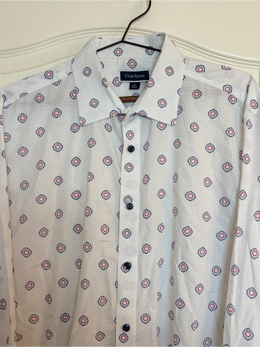 Club Room Mens Dress Shirt XL White Cotton Medallion Print Long Sleeve Button Up